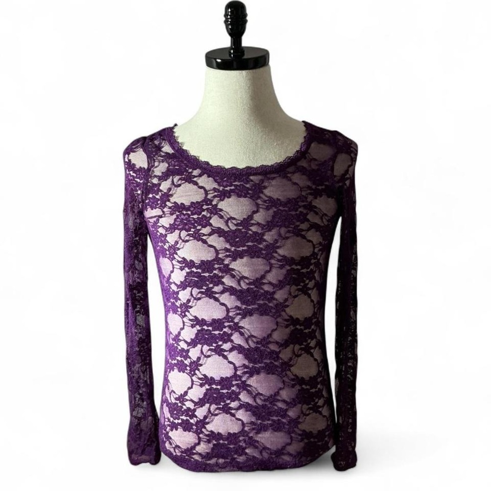 Bozzzo Y2K Purple Lace Long Sleeve Scoop Neck Sheer Women Top Layering Shirt